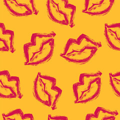 Red Lips Seamless Pattern. Trendy Bold Shapes of Mouths with Grunge Texture. Colorful decorative and minimal hand drawn design perfect for print, fashion, wrapping paper, fabrics