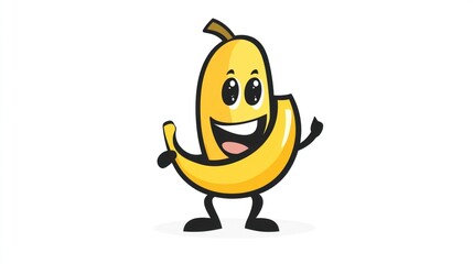 Cartoon banana character, happy expression, friendly gesture, food illustration, for use in kids' material