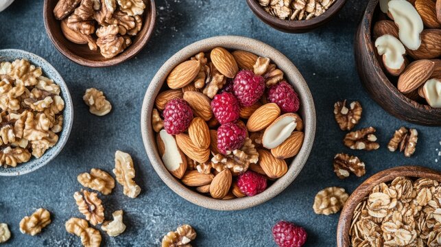 Frutos Secos: Desayuno saludable con almendras y nueces aisladas sobre fondo blanco