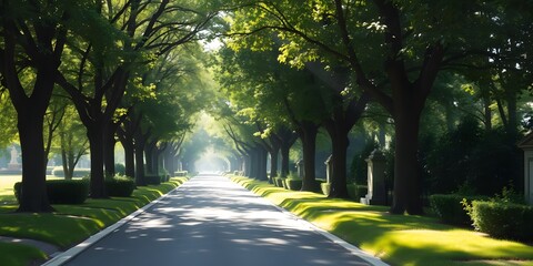  Serene Memorial Lane with Lush Greenery and Soft Sunlight