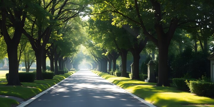 Serene Memorial Lane with Lush Greenery and Soft Sunlight