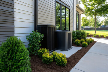 Exterior AC units by house with landscaping