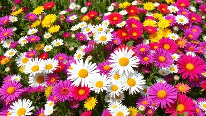 Fototapeta premium Colorful patchwork of flowers including daisies and clover in a sunny meadow, flowers, petals