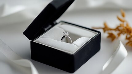 Open velvet box with diamond ring, white background. 