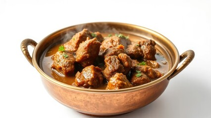 Copper brass bowl filled with steaming hot mutton curry on a white background, steam, meal