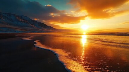 Fototapeta premium Majestic Sunset Over Serene Beach with Gentle Waves and Mountain Landscape in the Background