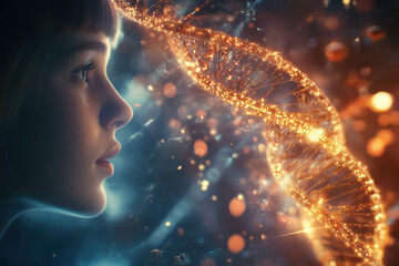 A person observes a digital wall depicting DNA strands and historical figures. This cinematic scene symbolizes the fusion of genetic heritage and human history, emphasizing genetic exploration.