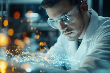 scientist examines a DNA sample in a modern genetics lab. digital interface projects a holographic family tree, showing genetic sequences and migration patterns, highlighting cutting-edge research.