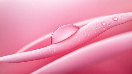 Close-up of a water droplet on a petal with a soft pink background enhancing its delicate features