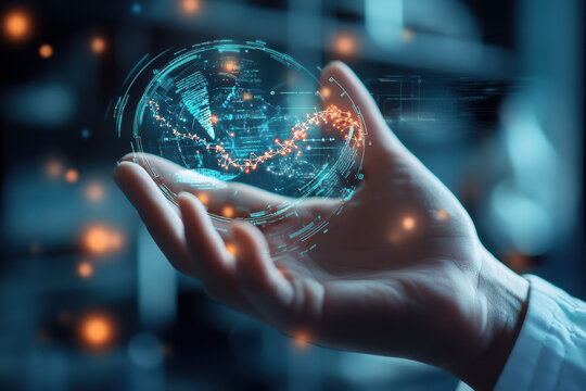 A hand delicately holds a genetic swab amidst holographic DNA strands and ancestral timelines. The futuristic scene emphasizes the convergence of biotechnology and genealogy.