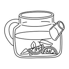 Doodle kettle with leaves, lemon and water. Contour illustration on white. kettle is open and transparent with liquid. Brewing tea. Monochrome drawing. Use illustrations for websites, product catalogs