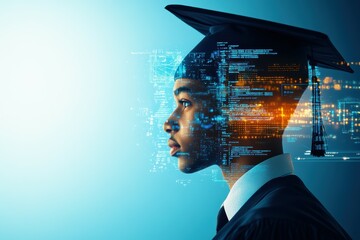 A futuristic image of an IT graduate with holographic interface screens. Real-time coding and data processing visuals highlight modern technology and innovation in digital education.