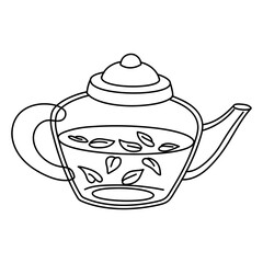 Doodle kettle with leaves and water. Contour illustration on a white. kettle is closed and transparent with liquid. Brewing tea. Monochrome drawing. Use illustrations for websites, product catalogs, .