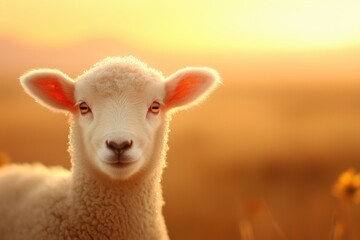 Fototapeta premium Cute lamb in golden sunlight grazing in a meadow with a serene landscape background during sunset