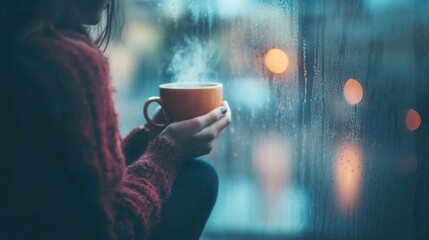 a person sitting alone by a rainy window, their reflection blurred, holding a steaming cup of tea. 