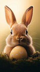 Obraz premium Cute rabbit holding a decorated yellow Easter egg in a serene natural setting at dawn