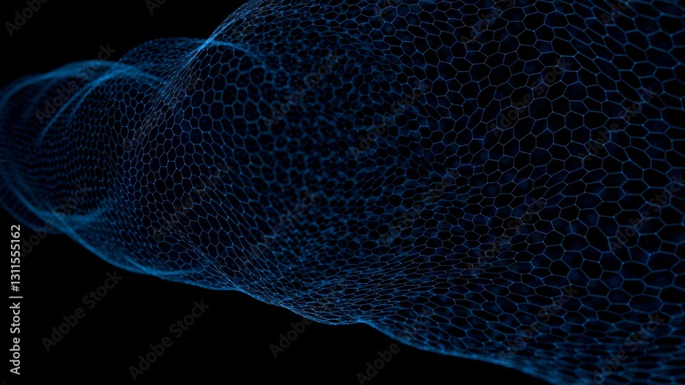 Fototapete Glowing purple wireframe mesh flowing in a dynamic pattern against a black background, creating a modern and abstract digital design