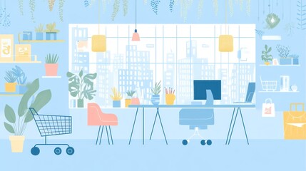 Modern office with city view, plants, and workspace