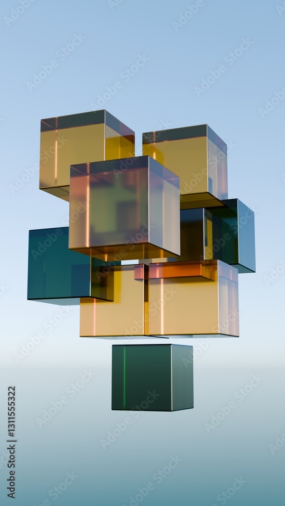 Poster colorful floating cubes in shades of yellow, green, and blue, creating a modern and abstract design 