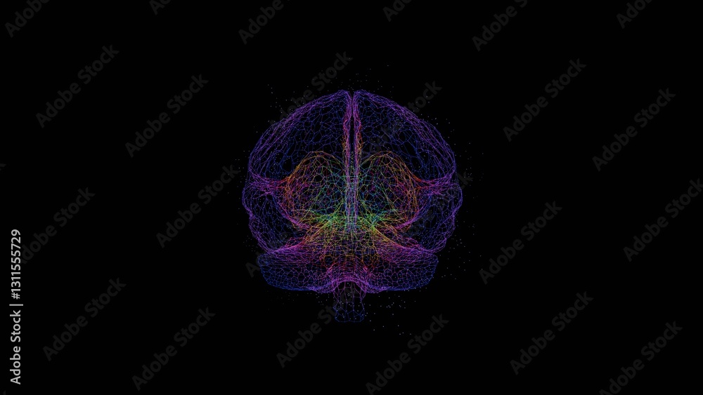 Poster complex multi-colored brain data visualization of swirling particles forming a brain-like shape on a