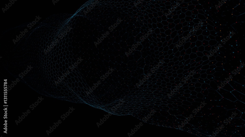 Aufkleber flowing hexagonal mesh with subtle colored nodes forming a wave-like structure on a black background