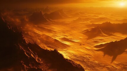 Fototapeta premium Surreal Landscape with Fiery Orange Skies and Dramatic Rocky Formations