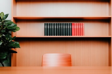 Minimalist workspace features wooden shelves, neatly arranged bo