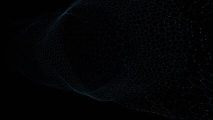 Flowing hexagonal mesh with subtle colored nodes forming a wave-like structure on a black background, creating a futuristic and minimalistic design