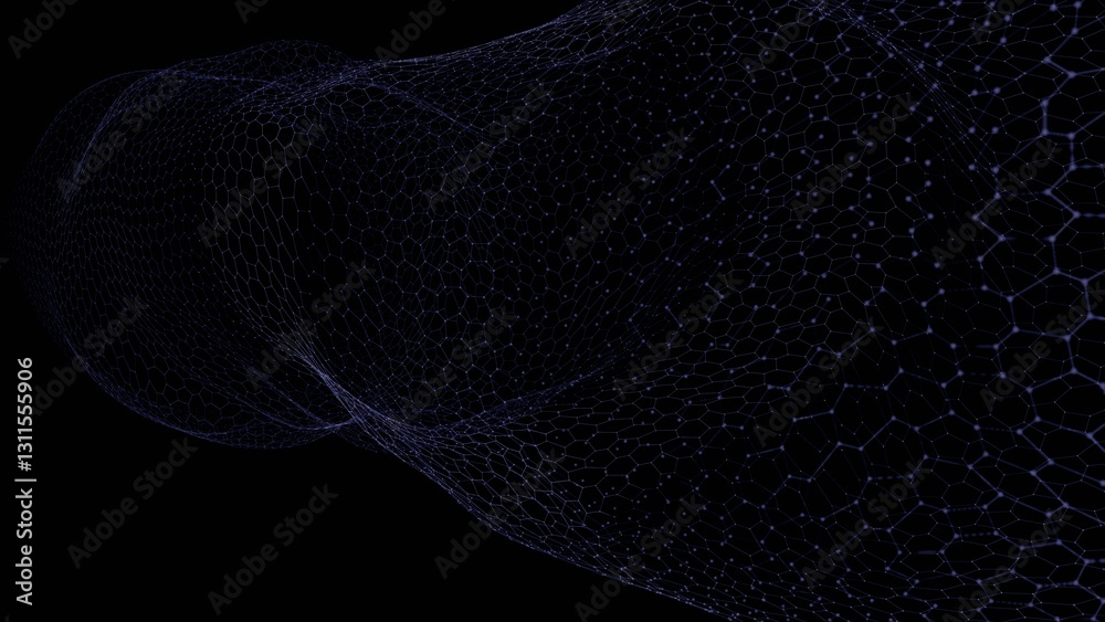 Aufkleber flowing hexagonal mesh with subtle colored nodes forming a wave-like structure on a black background