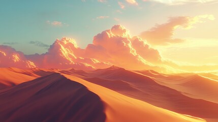 Naklejka premium Serene Golden Desert Landscape at Sunset with Vibrant Clouds and Dunes under a Colorful Sky