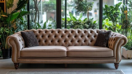 Modern tufted couch, indoor, plants, city view