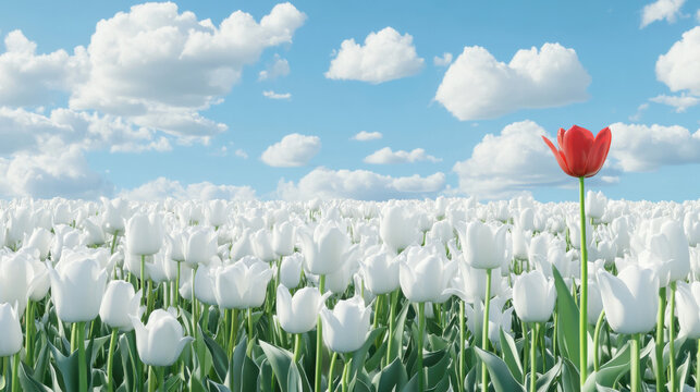 Vibrant contrast between a sea of white tulips and a solitary red flower against a serene blue sky.