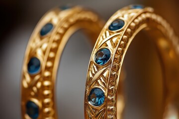 Gold Hoops. Pair of Gem-Studded Jewellery Earrings in Closeup Shot