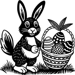 Obraz premium Cartoon Easter bunny with colorful eggs in a fun spring setting