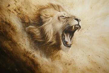 A roaring lion head emerging from dust cloud © Habibur