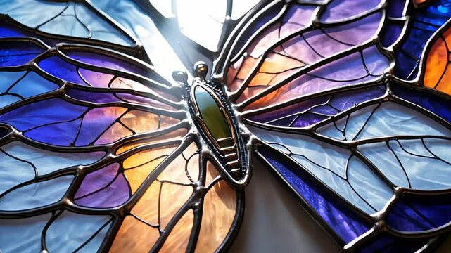 Stained glass butterfly with intricate patterns illuminated by soft natural light reflections
