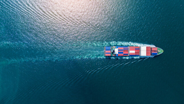 Cargo container Ship, cargo vessel ship carrying container and running for import export concept technology freight shipping sea freight by Express Ship. top view