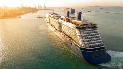 Cruise Ship, Cruise Liners beautiful white cruise ship above luxury cruise in the ocean sea at...