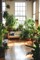 Bright and spacious apartment adorned with lush houseplants, creating a vibrant and inviting atmosphere.