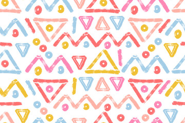Geometric Bold Shapes in Seamless Pattern Isolated on Simple Flat White Background. Colorful pastel decorative and minimal hand drawn design perfect for print, fashion, wrapping paper, fabrics