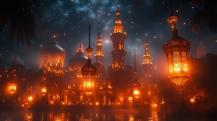 Mystical Cityscape with Glowing Lanterns and Towering Minarets Under a Starry Night Sky