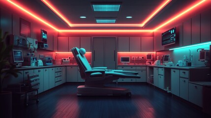 Neon-lit clinic room with medical equipment