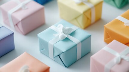 Several colorful gift boxes, neatly folded. 