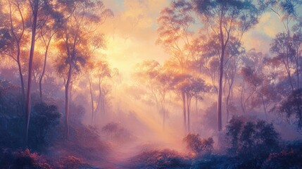 Obraz premium Serene Enchanted Forest at Sunrise with Soft Light and Misty Atmosphere