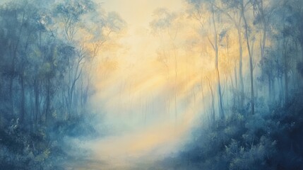 Naklejka premium Serene Misty Forest Scene with Soft Light Rays Illuminating a Tranquil Landscape at Dawn