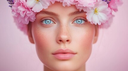 Stunning woman with blue eyes and flower crown poses against soft pink background