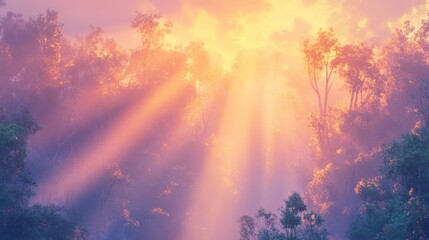 Naklejka premium Ethereal Sunlight Rays Piercing Through Misty Forest Canopy at Dawn in Magical Atmosphere