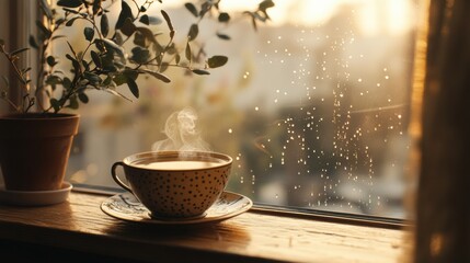 Warm cup of tea sits on wooden windowsill with raindrops on glass illuminated by soft light in a cozy hygge setting