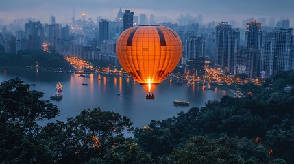 Obraz premium A vibrant hot air balloon ascends over a city skyline at dusk, illuminating the water below