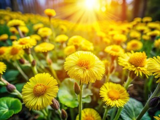 Obraz premium Spring Meadow: Yellow Coltsfoot Flowers in Bloom